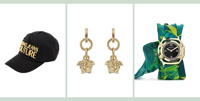 Top Luxury Accessories Brands Versace with Hats, Watches and Earrings