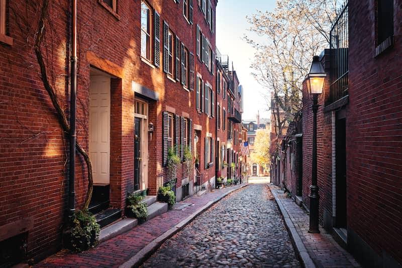 Traditional brownstone homes in a historic Boston neighborhood.